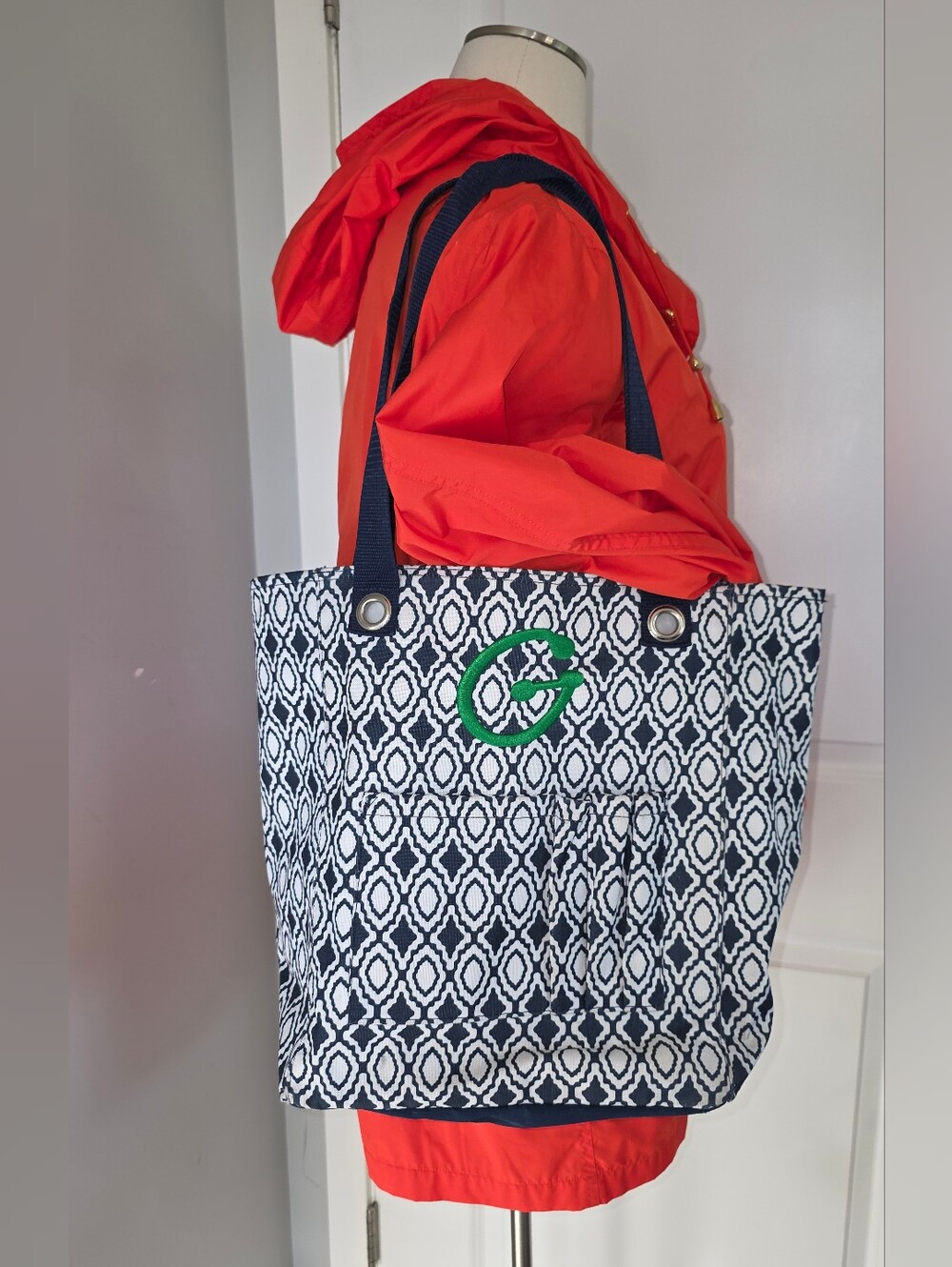Thirty-One Tall Organizing Tote Navy White Diamond Geometric Monogram "G" Travel
